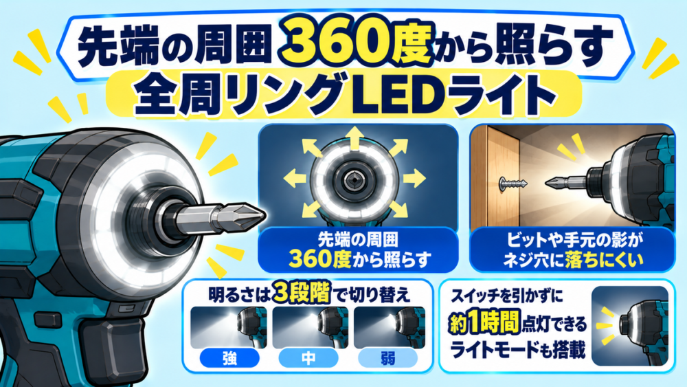 TD173DRGXの全周リングLEDライトの照射範囲と明るさ調整機能